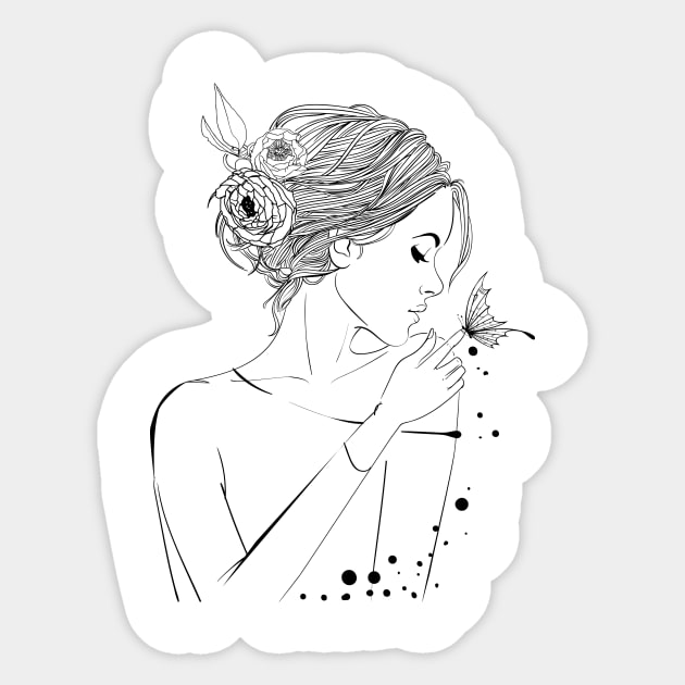 Beautiful Woman Black and White Illustration, Summer Art, Floral Boho Style Sticker by EquilibriumArt